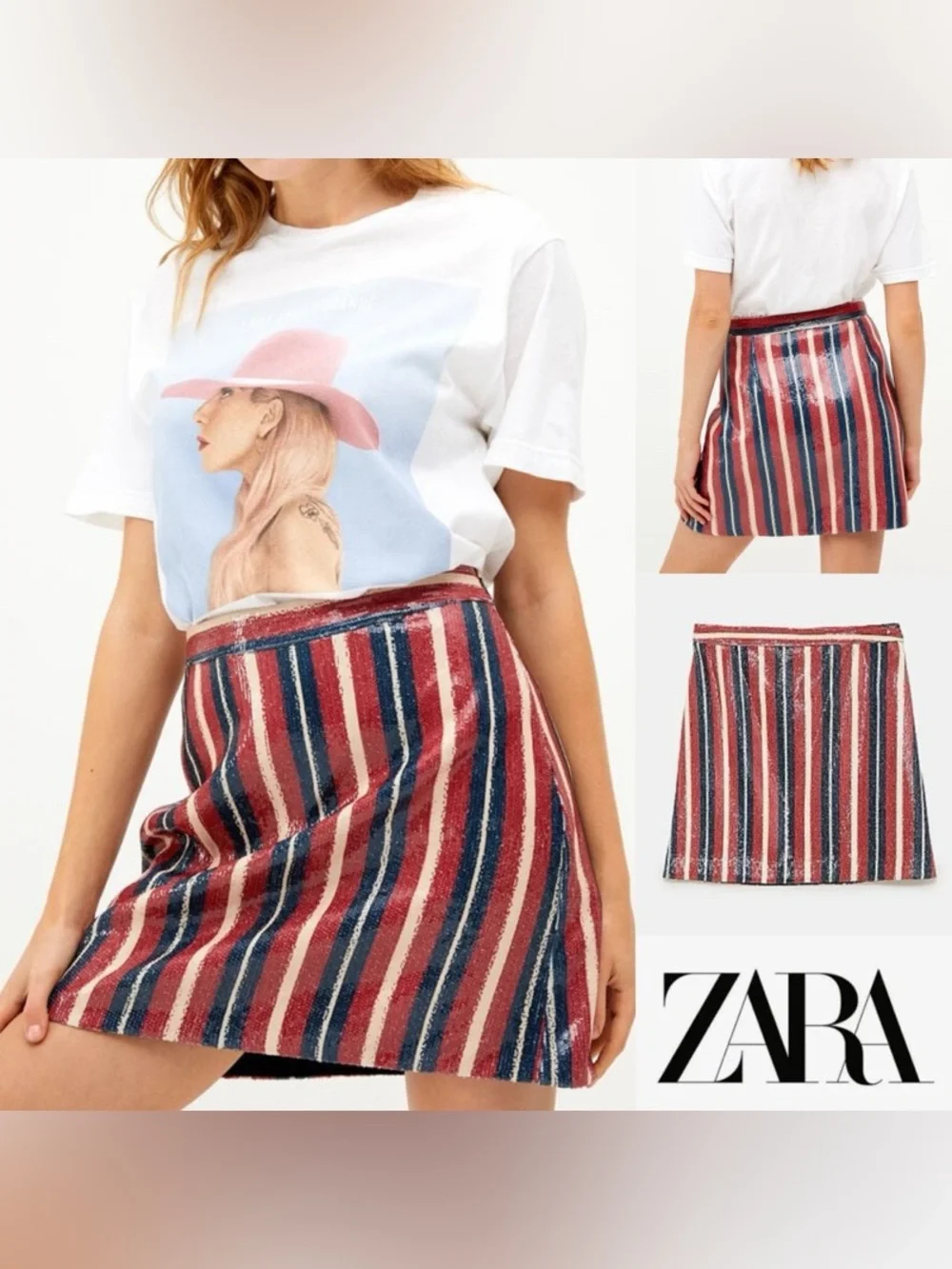 Rare EUC Zara Sequin Striped Skirt - Red, Navy & White - Size Small